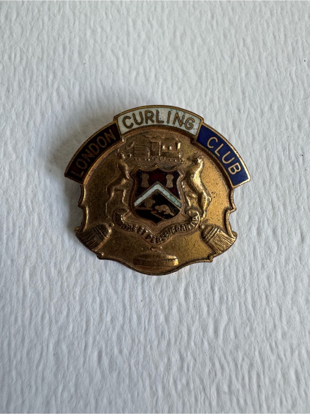 Antique London Curling Club Brass Enamel Badge - Blue and White Accent